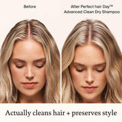 Side-by-side photos show a woman’s blonde hair: Before with oily roots, and After using Perfect hair Day™ Advanced Clean Dry Shampoo, revealing softness and clean, fresh-looking hair. Text: Actually cleans hair + preserves style.