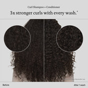 Split-image shows the back of a person with curly hair. Left—Before: looser curls; right—After 1 wash: tighter, defined curls. Curl Conditioner helps define curls for up to 3x stronger results with every wash.