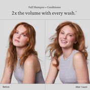 A side-by-side of a woman with red hair before and after using Sili-CLONE HairTech shampoo and Full Conditioner, revealing noticeable texture improvement and fuller hair after one wash. Text above reads: 2x the volume with every wash.
