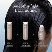 A close-up of sleek, wet hair with three Living Proof hair products: shampoo, No Frizz Conditioner, and styling cream. Text reads, Smooth + control frizz routine. Step 1: Cleanse, Step 2: No Frizz Condition, Step 3: Style with Sili-CLONE™ HairTech.
