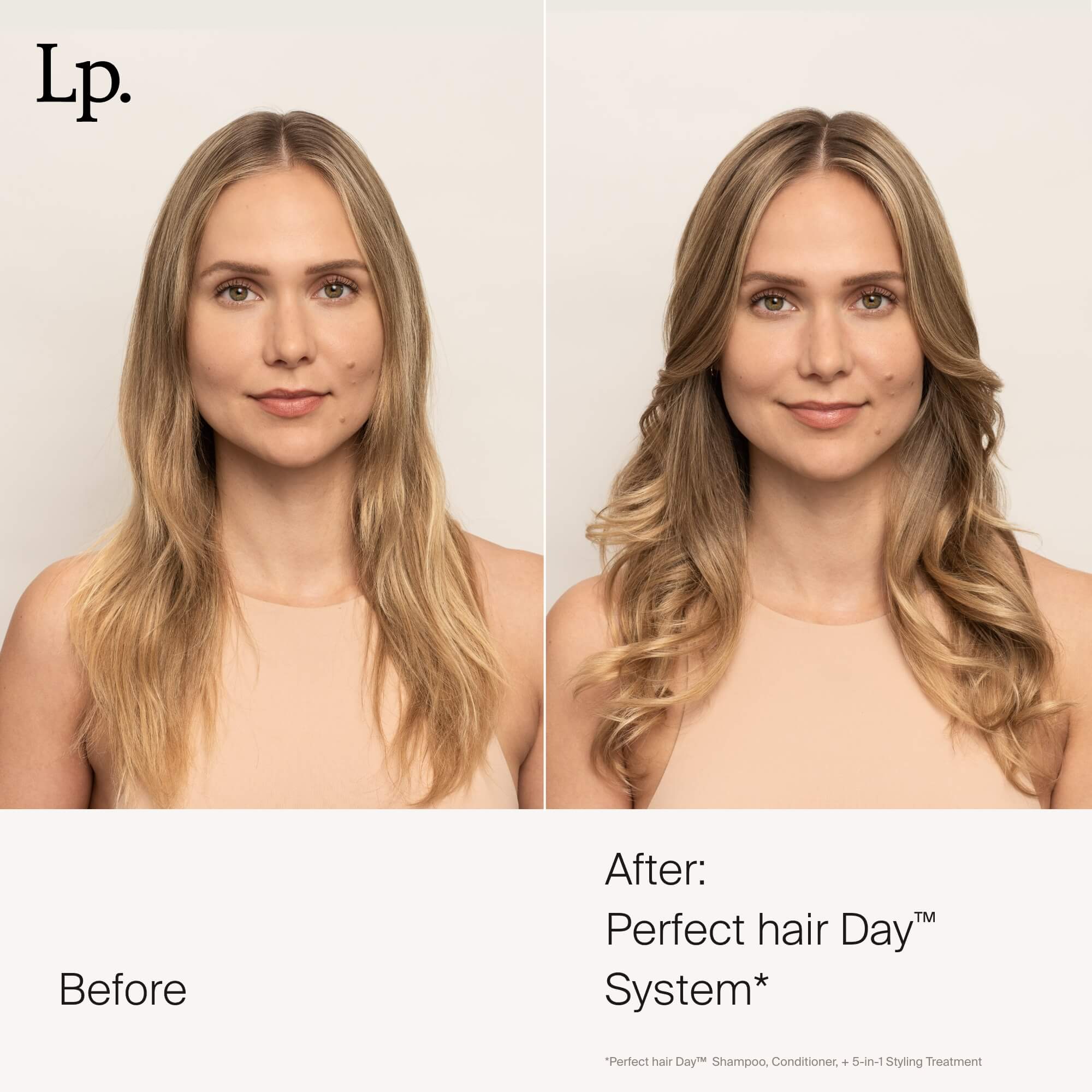 Side-by-side images of a woman with long blonde hair: on the left, straight and slightly frizzy labeled “Before”; on the right, smooth and volumized in loose waves labeled “After: Perfect hair Day™ 5-in-1 Styling Treatment.”.