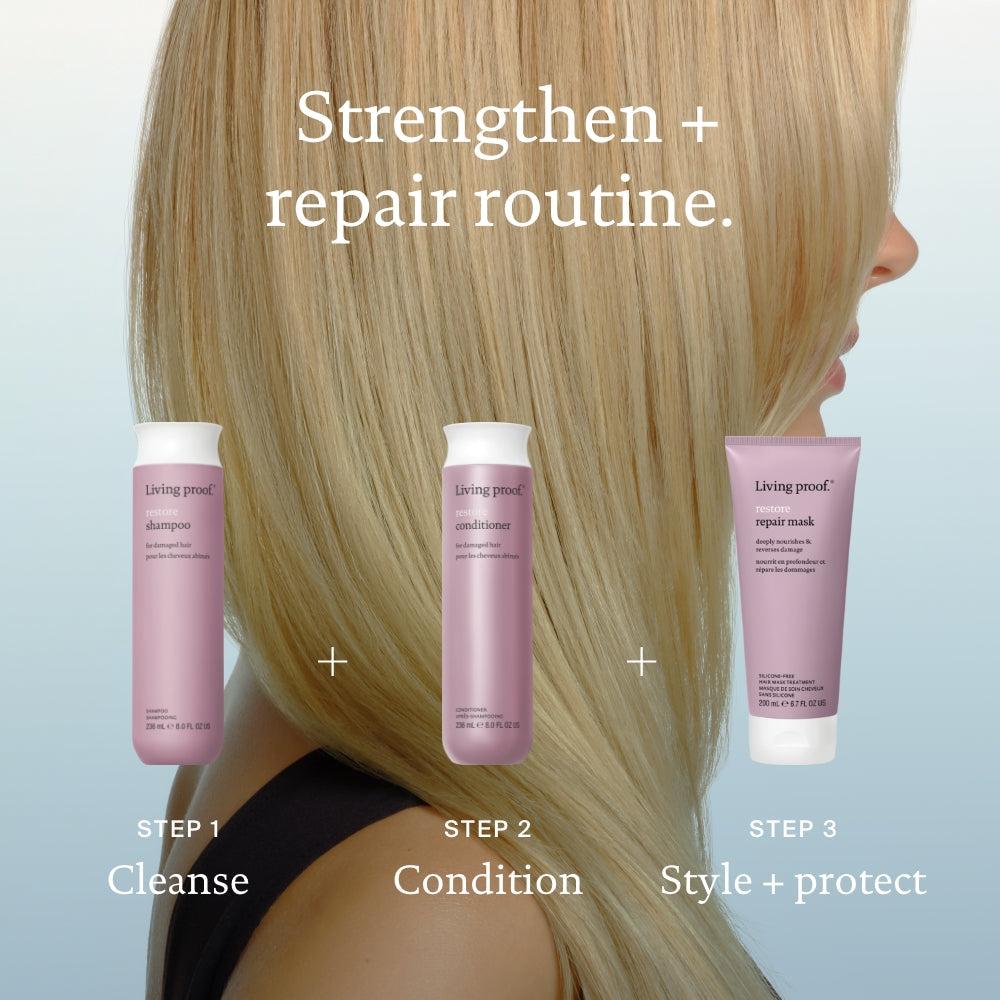 A woman with long, straight blonde hair is shown side-on. In front of her are three Living Proof products, including Restore Conditioner with Sili-CLONE HairTech—labeled as steps to cleanse, condition, and reverse damage. Text reads “Strengthen + repair routine.”.